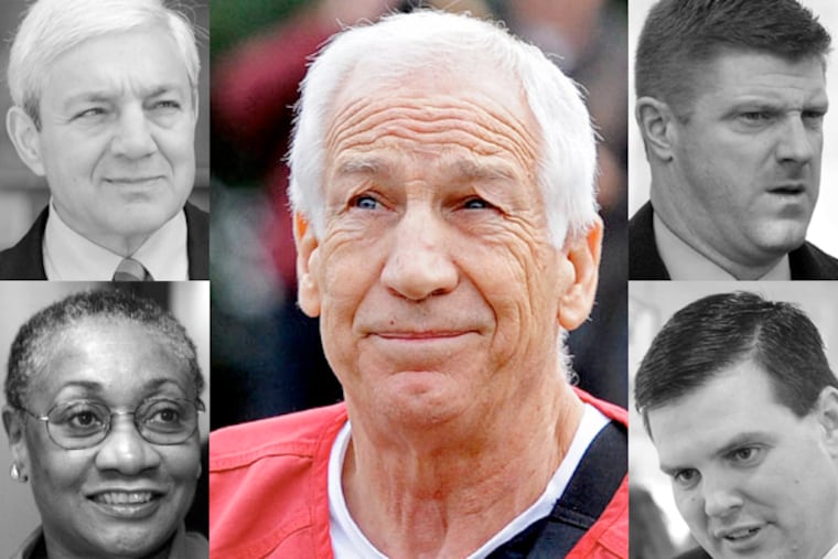 Former Penn State president Graham Spanier (top left), former lawyer Cynthia Baldwin (bottom left), former assistant football coach Mike McQueary (top right) and Jay Paterno, Joe's son and a former assistant coach (bottom right) are all involved in cases that revolve around the Jerry Sandusky child sex-abuse scandal.