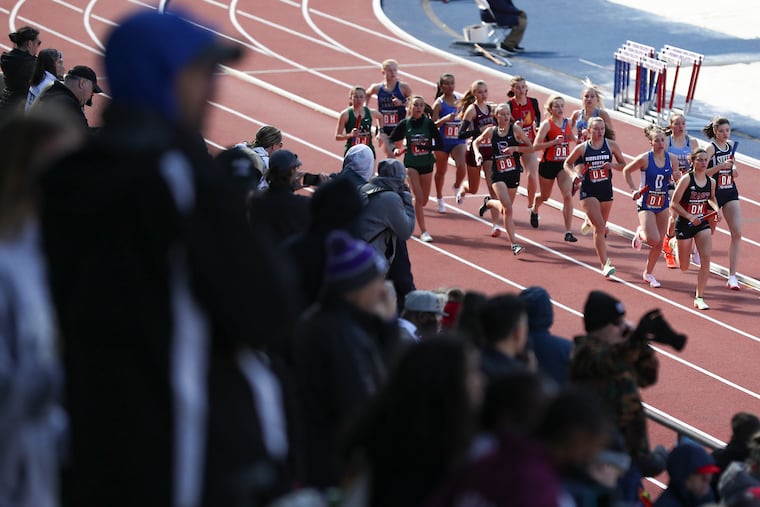 The crowd watches the High School Girls’ 4x800 heats to kick Day 1 off the 2022 Penn Relays at Franklin Field.
