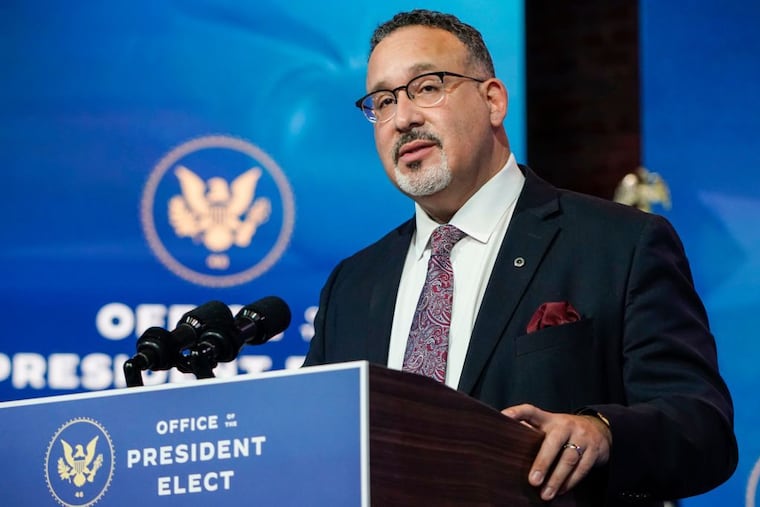Miguel Cardona speaks after President-Elect Joe Biden announced his nomination for Education Secretary on Dec. 23, 2020 in Wilmington, Delaware. Cardona announced Friday that the federal government is extending the pause of student loan payments until Jan. 31, 2022. (Joshua Roberts/Getty Images/TNS)