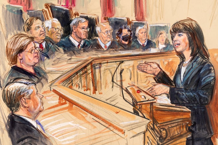 This artist sketch depicts Solicitor General Elizabeth Prelogar, right, presenting an argument before the Supreme Court. Justices seated from left are Associate Justice Brett Kavanaugh, Associate Justice Elena Kagan, Associate Justice Samuel Alito, Associate Justice Clarence Thomas, Chief Justice John Roberts, Associate Justice Stephen Breyer, Associate Justice Sonia Sotomayor, Associated Justice Neil Gorsuch and Associate Justice Amy Coney Barrett.