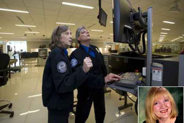 In this file photo, a Transportation Security Administration instructor conducts training at the Philadelphia airport. Nancy Anne Phillips, inset, says she was considered a troublemaker after complaining about how she was screened. (Ed Hille / Staff)