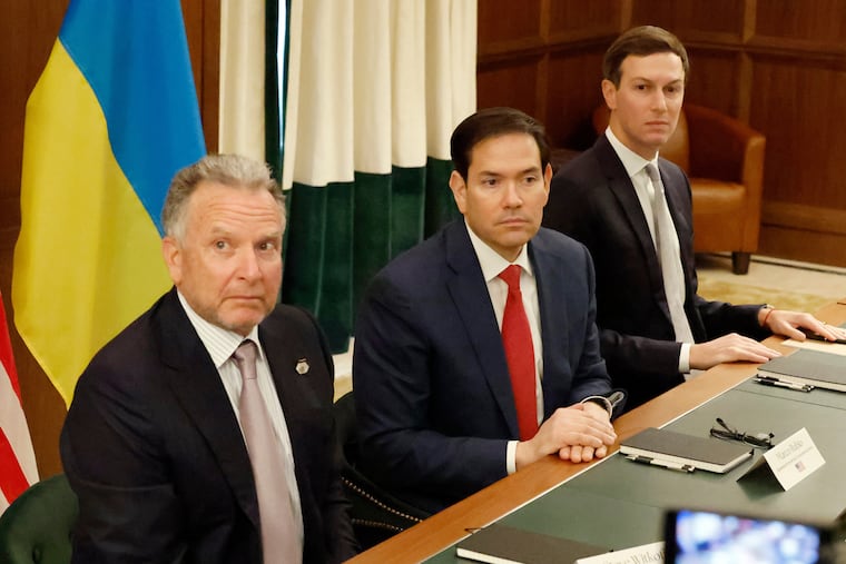 Special Envoy Steve Witkoff, left, Secretary of State Marco Rubio, center, and Jared Kushner attend a meeting with Ukrainian officials on Sunday, Nov. 30, in Hallandale Beach, Fla.