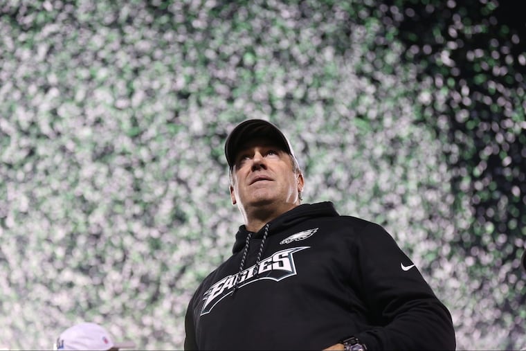 Eagles’ head coach Doug Pederson looks out over the crowd as confetti falls after the Philadelphia Eagles win 38-7 over the Minnesota Vikings to win the NFC Championship game in Philadelphia, PA on January 21, 2018.