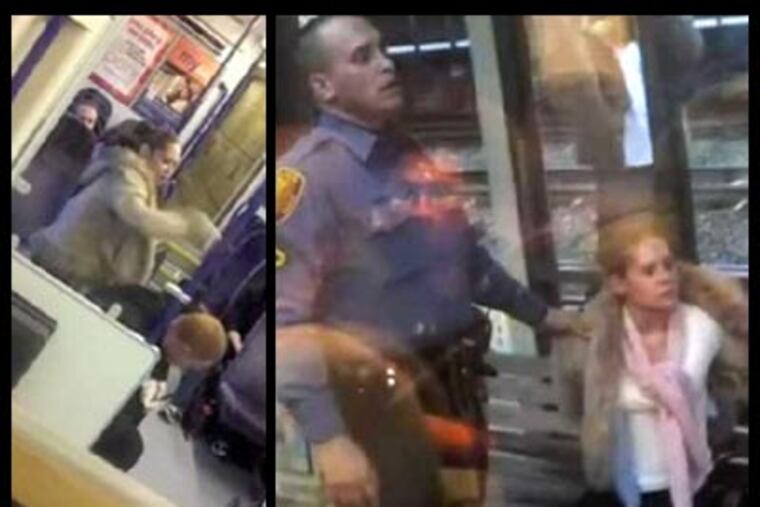 At left, Lisa Alyounes lays into her boyfriend, captured on video by a fellow River Line passenger. At right and post-fight, Alyounes is in custody of a transit cop in Pennsauken. (YouTube)