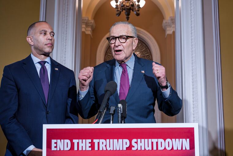 House Minority Leader Hakeem Jeffries, D-N.Y., left, and Senate Minority Leader Chuck Schumer, D-N.Y., speak to reporters outside the Senate chamber at the Capitol in Washington on Thursday.