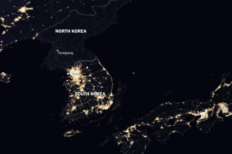 NASA view of the Korean Peninsula at night illustrates the relationship between nighttime lighting and economic activity: North Korea is almost entirely dark, while South Korea sparkles with light.