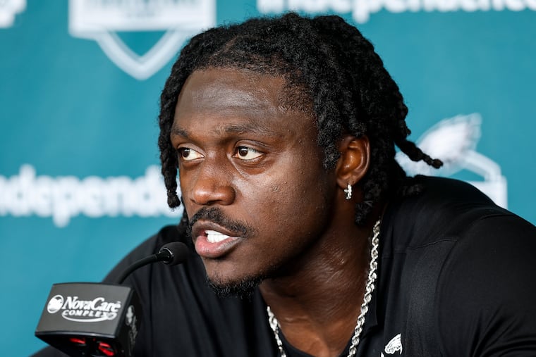 Eagles wide receiver A.J. Brown speaks during the first day of Eagles Training Camp at the NovaCare Complex on Wednesday.