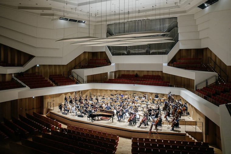 The Curtis Symphony Orchestra at rehearsal Wednesday in Dresden’s newly renovated Kulturpalast prior to its evening concert. (Photo: Oliver Killig)
