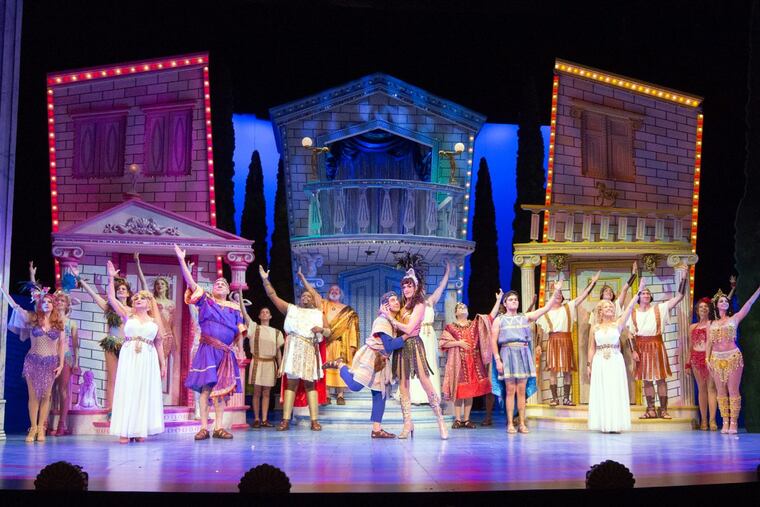 Frank Ferrante (center) and the cast of “A Funny Thing Happened on the Way to the Forum” at the Walnut Street Theatre.