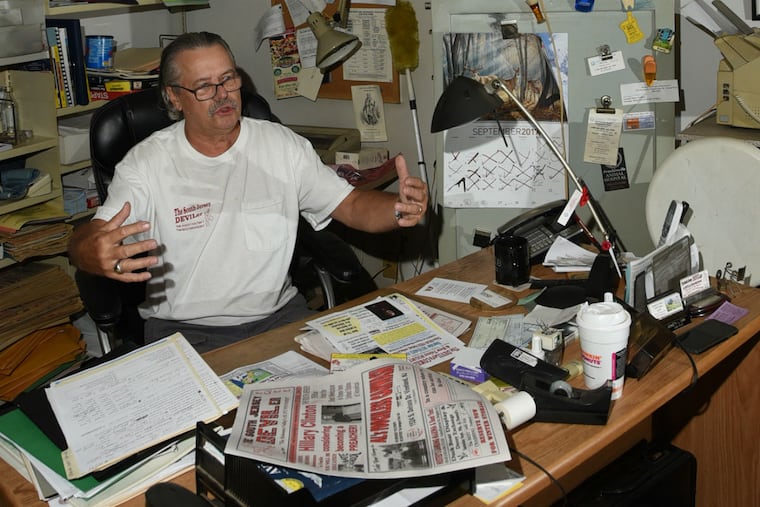 Ken Camp, a retired helicopter pilot, is a comedian and newspaper publisher in rural South Jersey. He talks in his home-office, surrounded by memorabilia and mounted hunting trophies. Every month, he sends out 20,000 copies of his South Jersey Devil-er, the self-proclaimed best newspaper in the world. It's full of jokes, many off color, and lots of motivational quotes and lots of ads for taxidermists and fishing stores. Camp says no one ever complains, but if they do, he publishes the complaints too. He said he's one of only about 12 "funny papers" that publish in the country including The Onion. His recent headlines included: Hillary Clinton considering becoming a preachers and tons of corny jokes. He's been publishing for 16 years.