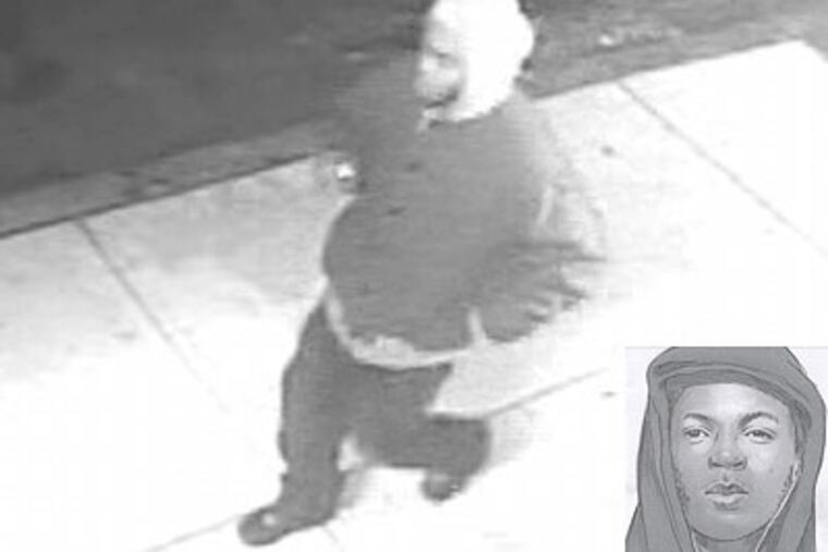 Philadelphia police released this computer enhanced still Friday of a suspect in a series of choking attacks in the Kensington section of the city taken from a surveillance camera. A police sketch of the suspect (inset) was based on a victim's description.
