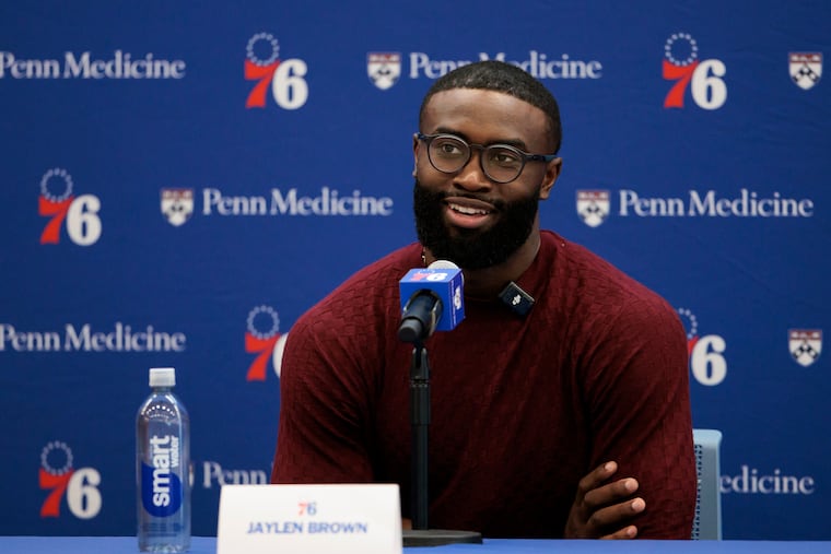 Newest Sixers forward Jaylen Brown speaks during his introductory press conference at the Francis Myers Recreation Center on Thursday.