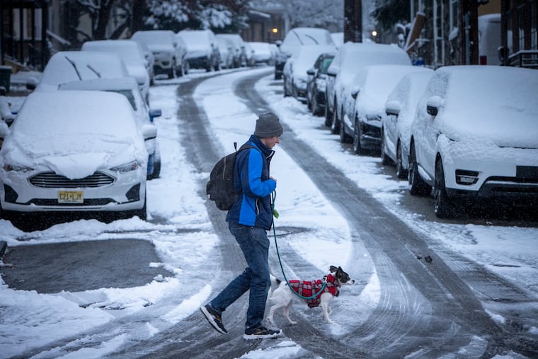 A man with a dog along Ridge Avenue at bottom of Indian Queen Lane in East Falls section of Philadelphia on Friday.
