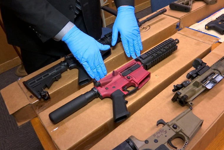 "Ghost guns" on display at the headquarters of the San Francisco Police Department.