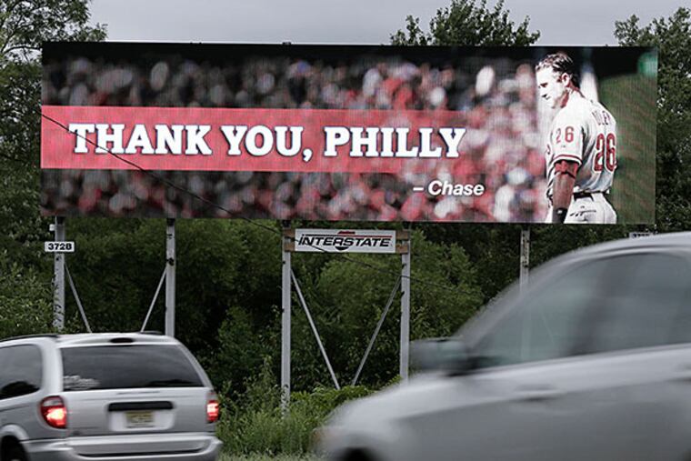 Chase Utley thanks Philly via 4 Interstate Outdoor Advertising digital billboards. This 12x42 ft billboard faces East where Rt. 70 (Rt 70 Westbound traffic in foreground) and Rt. 38 merge in Pennsuaken. It sits just East of the Browning Rd connector.
