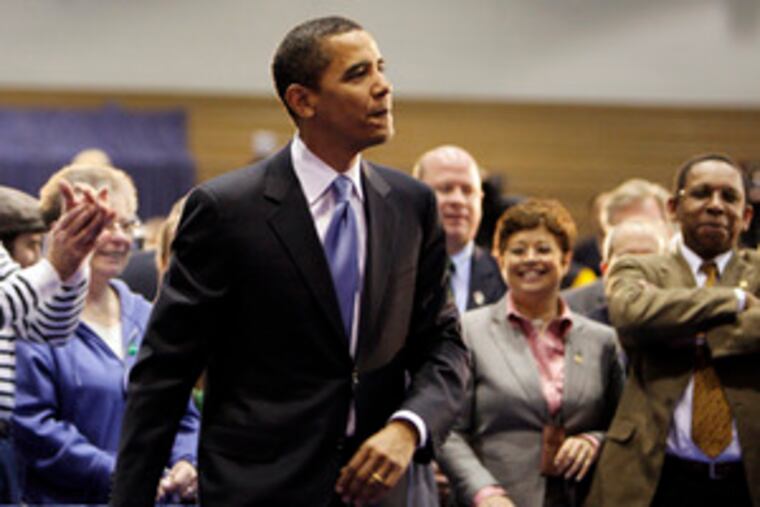Sen. Barack Obama campaigns yesterday in Wilkes-Barre, where he told 2,000 people at Wilkes University that the Democrats must focus on their main goal - ousting the GOP. A Rasmussen Reports poll out yesterday showed progress by Obama. It put Sen. Clinton ahead in Pennsylvania by 5 points, 47-42 percent, compared to her lead of 10 points last week & 15 points in early March.