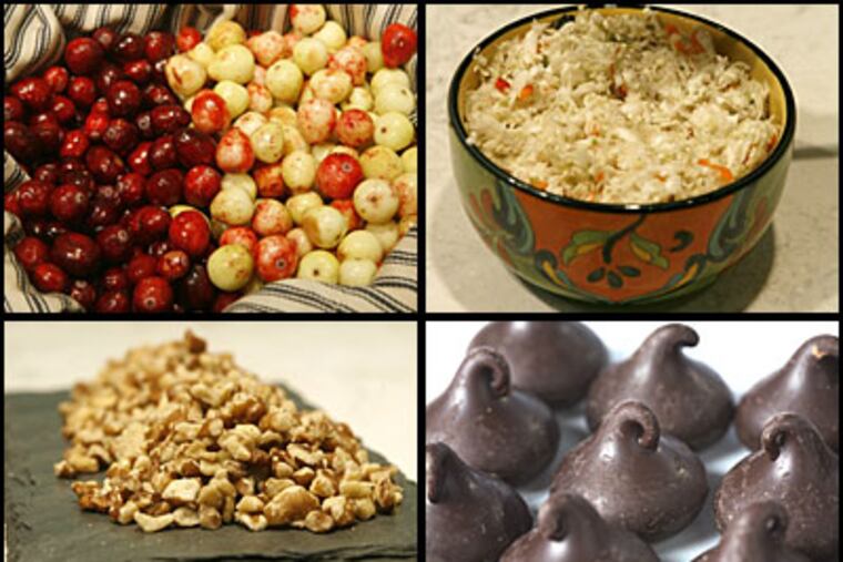 Clockwise from top left: Heirloom cranberries from Fair Food Farmstand, pepper hash from A.J. Pickle Patch in Reading Terminal Market, Wilbur Buds, and black walnuts from Fair Food Farmstand. (Staff photos by Charles Fox and Ed Hille)