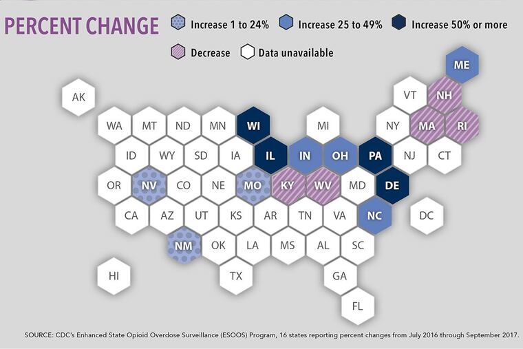 Emergency-room visits for opioid overdoses are spiking across the country, particularly in Delaware and Pennsylvania.