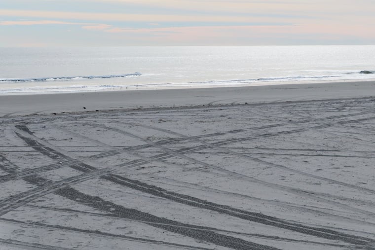 Tire tracks cover the recently widened beach in North Wildwood, N.J. on Nov. 27, 2024, days before the city was to approve an agreement ending a decade-long battle with the state over the condition of the city's beaches. (AP Photo/Wayne Parry)
