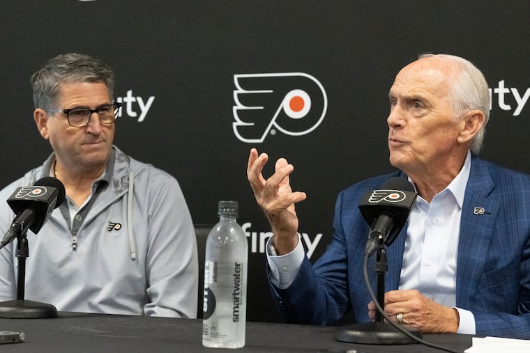 Flyers president Keith Jones (left) and governor Dan Hilferty during a press conference on Wednesday at the Flyers Training Center in Voorhees.