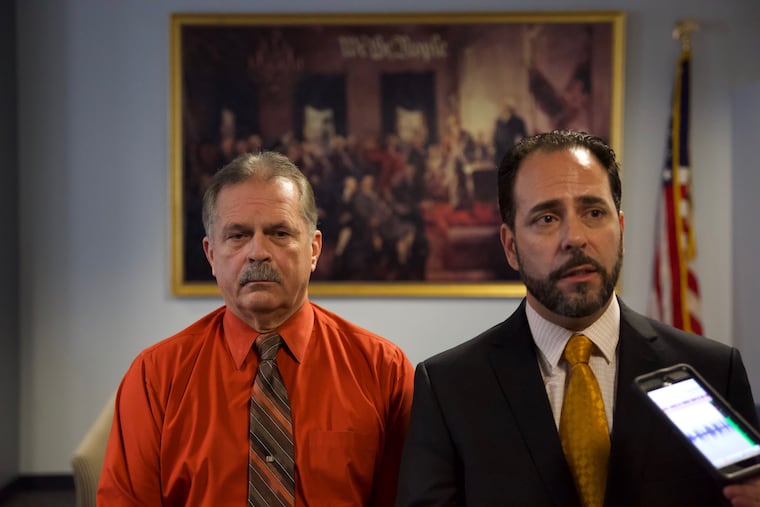 File: Former Bordentown Township Police Chief Frank Nucera Jr. (left) with his attorney Rocco Cipparone, during his first trial.