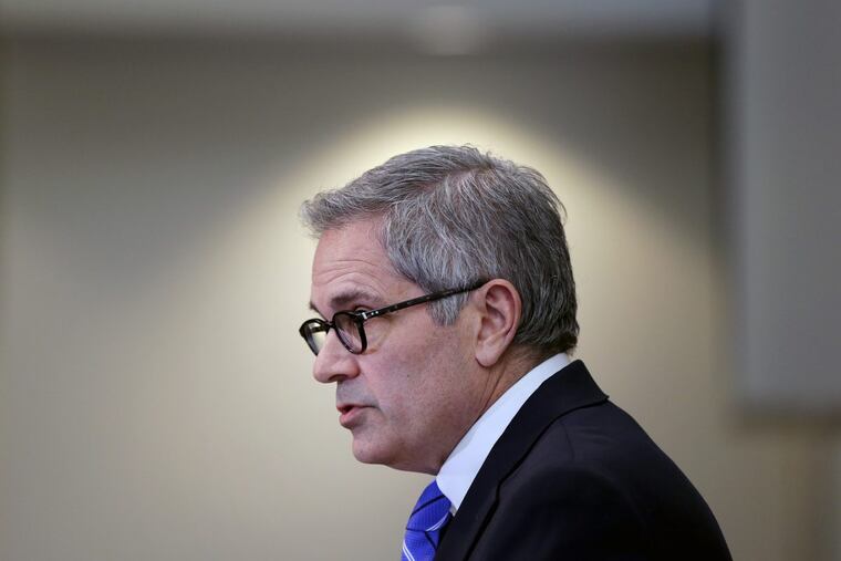 Philadelphia District Attorney Larry Krasner speaks during a news conference at his office in Philadelphia on March 15, 2018.