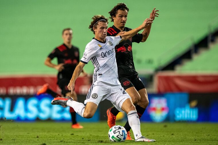 Philadelphia Union midfielder Brenden Aaronson takes a shot that resulted in a goal during the first half against the New York Red Bulls at Red Bull Arena in Harrison, New Jersey on September 6, 2020.