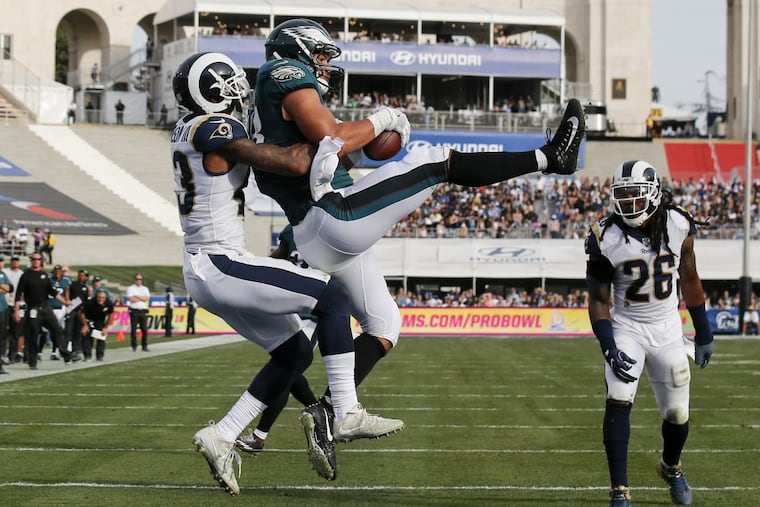 Philadelphia Eagles tight end Trey Burton catches a second-quarter touchdown during Sunday’s 37-35 win over the Los Angeles Rams.
