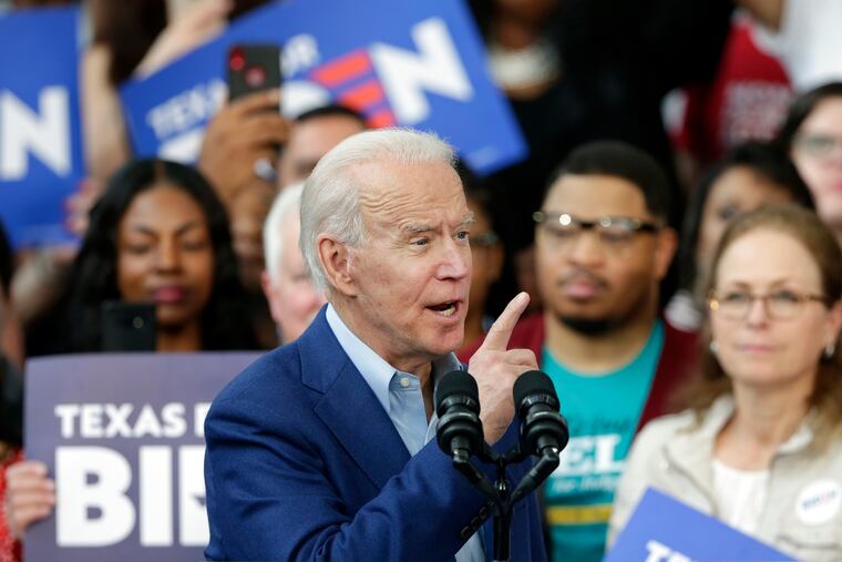 Democratic presidential candidate Joe Biden during a campaign rally at Texas Southern University in Houston on March 2, 2020.