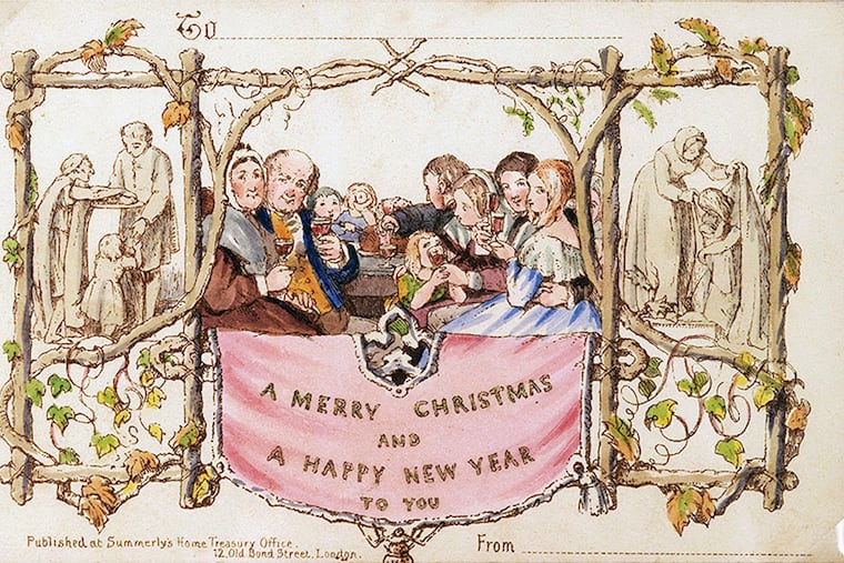 This 2017 photo by Battledore Ltd., of Kingston, N.Y., shows the first commercially produced Christmas card dated December 1843. The card is a hand-colored lithograph designed in England by John Callcott Horsley.