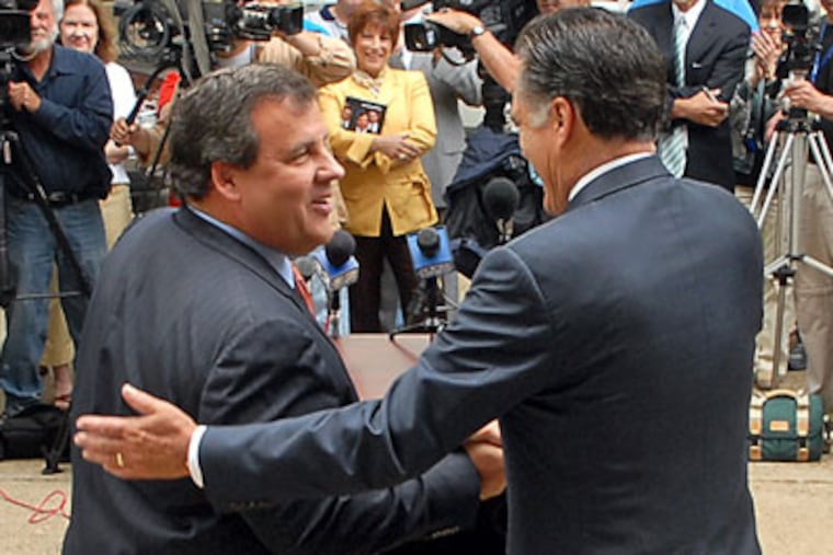 Republican gubernatorial candidate Chris Christie (cq-left) thanks former GOP presidential candidate Mitt Romney (cq-right) for his endorsement following a campaign speech on the steps of Haddonfield Borough Hall May 28, 2009. Ronmey told the crowd that New Jersey has "tried liberal" and it's time for the state "to have a chance to try conservative." ( Tom Gralish / Staff Photographer ) JE1GOV29aTG 110384 Thu 5/28/2009 Location: Haddonfield Boro Hall 242 Kings Highway East Haddonfield NJ Story: JE1GOV31 () / We wrap up the gov's race, hit highlights, mention other races, on final Sunday before primary election. Reporter: Burton, Cynthia Reporter's Ext.: 215-313-3323 Additional story info: Mitt Romney endorses Jersey gubernatorial primary candidate Chris Christie at Haddonfield Boro Hall in a last ditch effort to get Republican votes in a contested primary Contacts: Mitt Romney to endorse Jersey gubernatorial candidate Chris Christie Phones: 609-579-3181 flack britney brammel