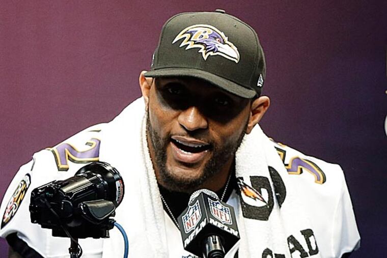 Ray Lewis was probably prepared to talk about of lot of things at Tuesday's Super Bowl Media Day. But, deer-antler spray probably wasn't one of them. (Mark Humphrey/AP)