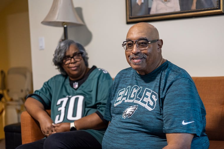 Carol and Mark Campbell, grandparents of Eagles rookie linebacker Jihaad Campbell, at their home in Cherry Hill. They will be at Lincoln Financial Field on Thursday to watch their grandson make his NFL debut.