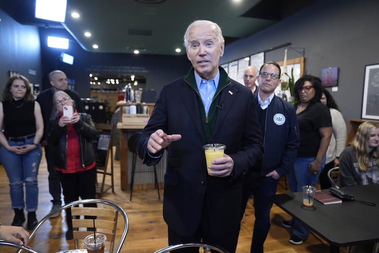 President Joe Biden talks about his economic agenda, during a visit to the Nowhere Coffee shop on Friday in Emmaus. (AP Photo/Evan Vucci)