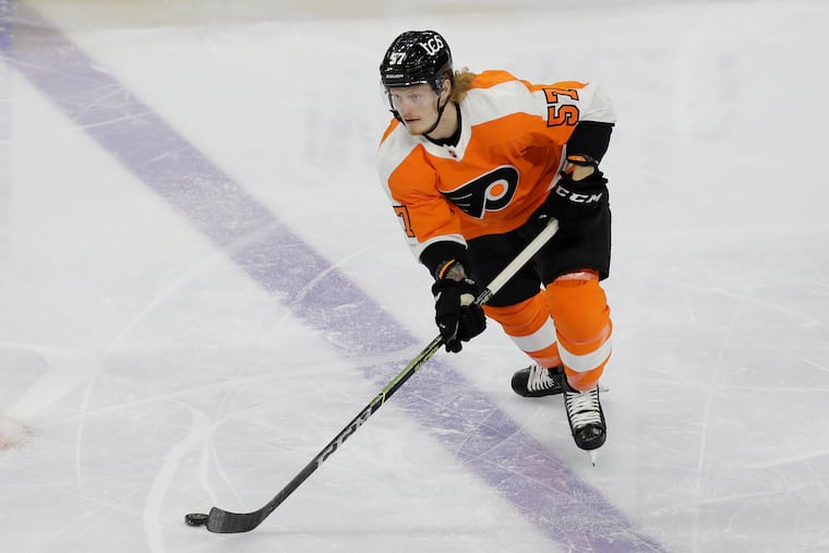 Flyers right wing Wade Allison skates with the puck against the New Jersey Devils on Monday, May 10, 2021.