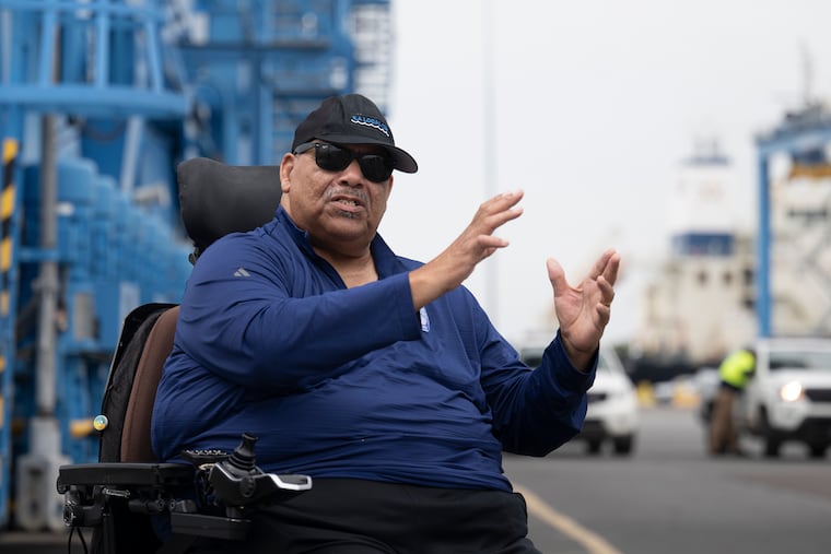 Boise Butler, president of ILA Local 1291 in Philadelphia, near cargo cranes at the PhilaPort terminals on June 18 in Philadelphia. “This sometimes looks like chaos, but it’s organized chaos. It’s about teamwork.”