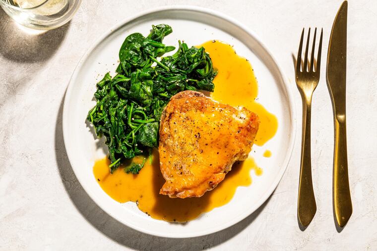 Chicken With Pan Sauce and Wilted Spinach.