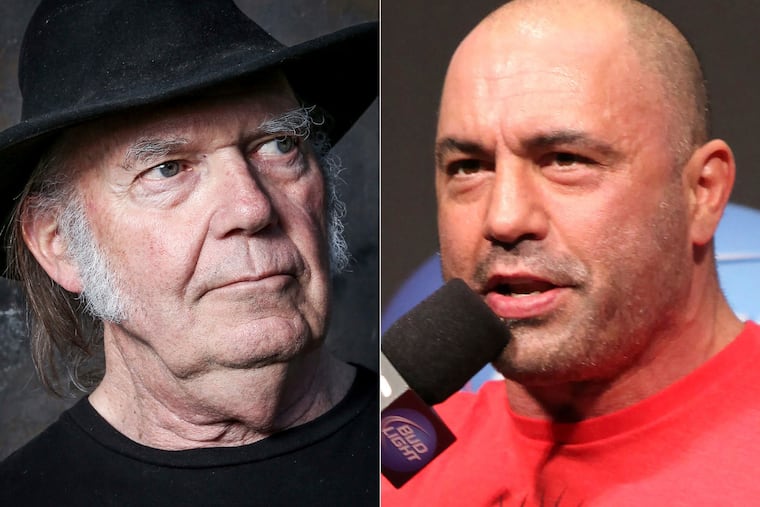 This combination photo shows Neil Young in Calabasas, Calif., on May 18, 2016, left, and UFC announcer and podcaster Joe Rogan before a UFC on FOX 5 event in Seattle on Dec. 7, 2012. Young fired off a public missive to his management on Monday, Jan. 24, 2022, demanding that they remove his music from the popular streaming service Spotify in protest over Rogan's popular podcast spreading misinformation about COVID-19. Soon his music was gone from Spotify. (AP Photo)