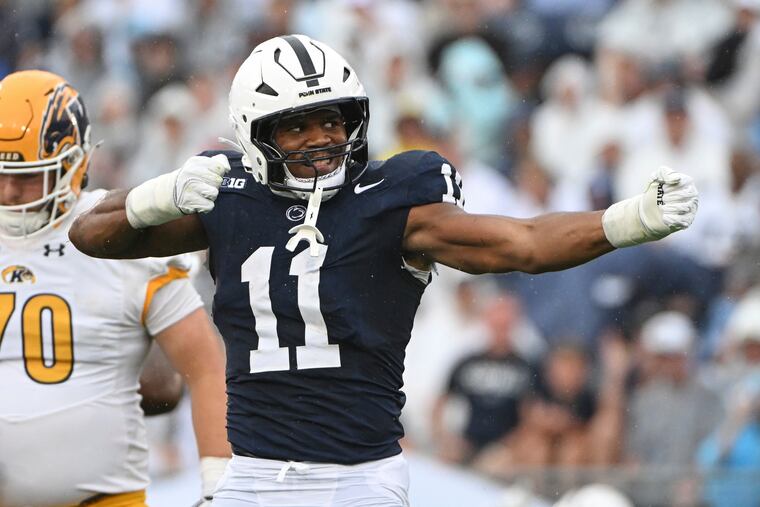 Penn State defensive end Abdul Carter (11) celebrates after a tackle during the first quarter of a 56-0 blowout of Kent State on Saturday.