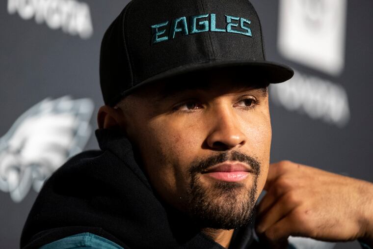 Philadelphia Eagles quarterback Jalen Hurts speaks with reporters at the NovaCare Complex.