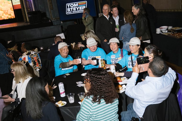 Tom Steyer supporters cheer during the Tom Steyer for Governor Watch Party at the Regency Ballroom in San Francisco, June 2, 2026. Steyer's campaign was one of several that influencers for supportive posts.