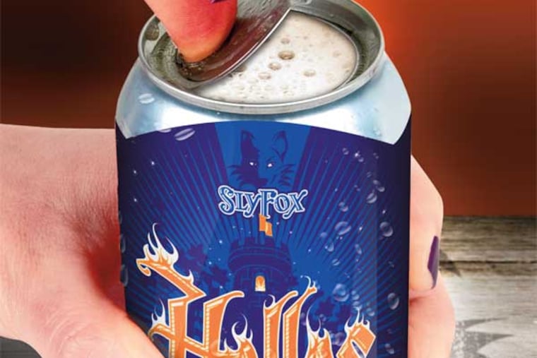 Helles Golden Lager (left) next month will become the first beer to be offered in an open-ended can; Abominable Winter Ale exemplifies the new, art-strong labels on the new breed of cans.