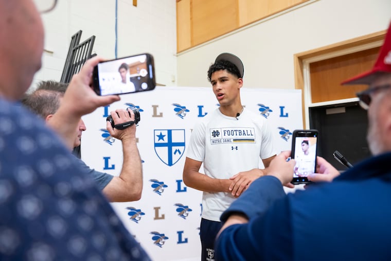 La Salle star Joey O’Brien talking to the media after announcing his commitment to Notre Dame in June.