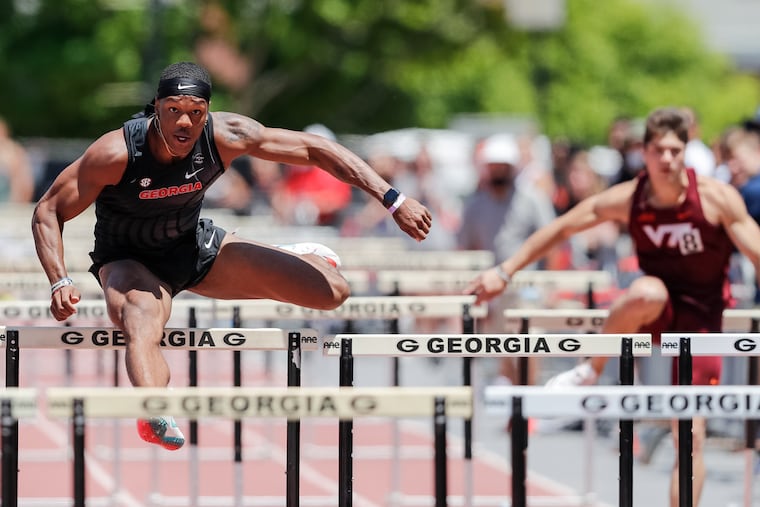 Kyle Garland competing in the hurdles for Georgia at an earlier meet.