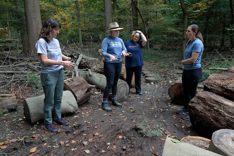 Wissahickon Trails executive director Gail Farmer (from left), Access Birding’s Freya McGregor, Elissa Klinger of Philadelphia, and Wissahickon Trails conservation manager Margaret Rohde listen to suggestions from McGregor as the group hikes in the Camp Woods Preserve in Blue Bell, Pa., on Friday, October 6, 2023. The group is assessing the trail systems to see how they could be more accessible to people with disabilities.