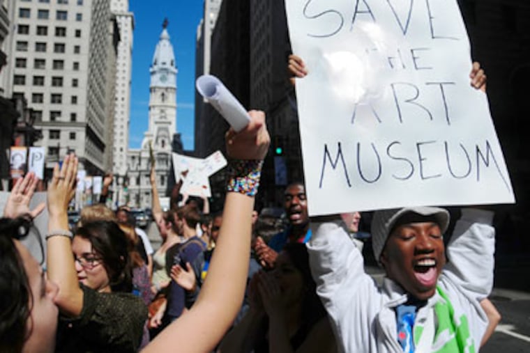 About 100 performing artists, art students, filmmakers, fine artists and others marched today from Broad and Walnut Streets to City Hall to show their opposition to a state budget plan for an eight percent tax on tickets to live theater, museums and concerts. (Jason Melcher / Staff Photographer)