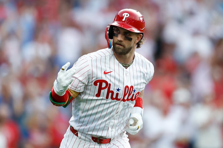 Phillies first baseman Bryce Harper is on pace to finish this season with 397 career home runs.