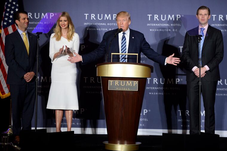 Donald Trump, center, delivers remarks with his children, from left, Donald Trump Jr., Ivanka Trump and Eric Trump in 2016.