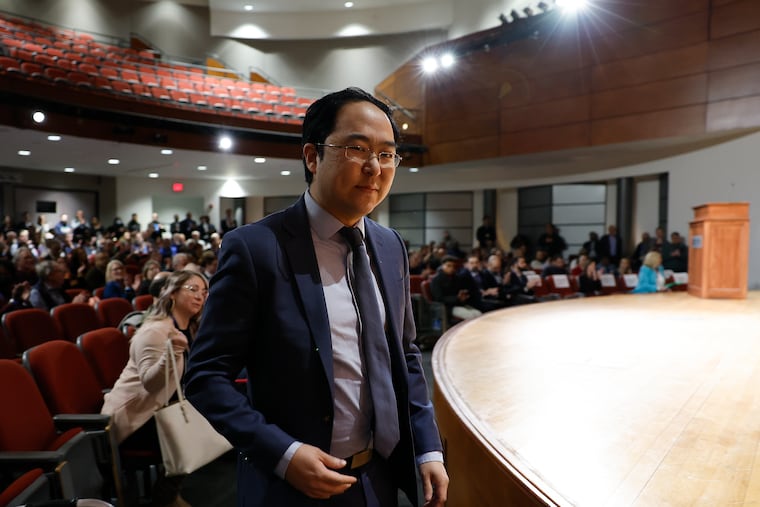 U.S. Rep. Andy Kim of the 3rd Congressional District of New Jersey prepares to speak during the Burlington County Democratic Convention at Rowan College's Burlington County campus in Mount Laurel on Saturday.