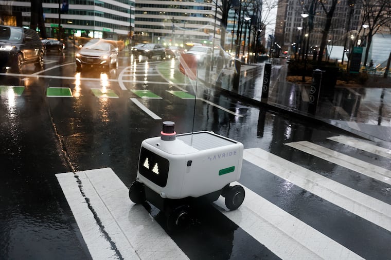 An Uber Eats autonomous robot near City Hall on Monday, March 16, 2026 in Philadelphia.